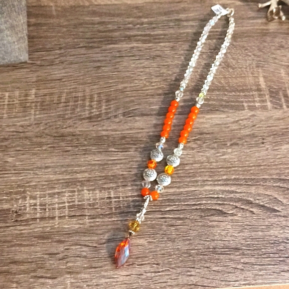 Aurora borealis glass w Lotus & orange Artisan beaded necklace - Picture 8 of 8